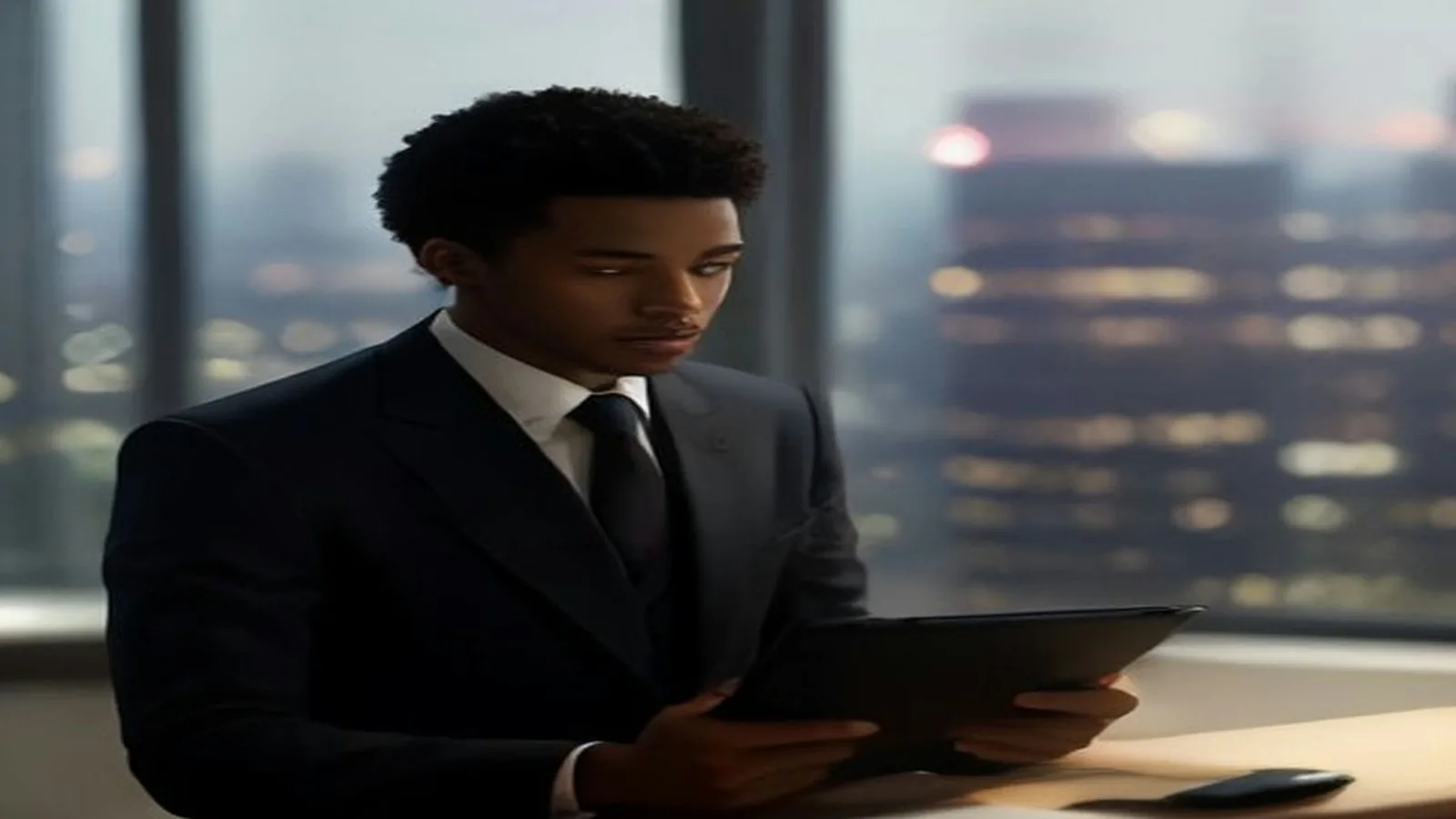 Atlanta business owner in a charcoal suit reviewing bank statements on a tablet at a dark desk with city lights behind him