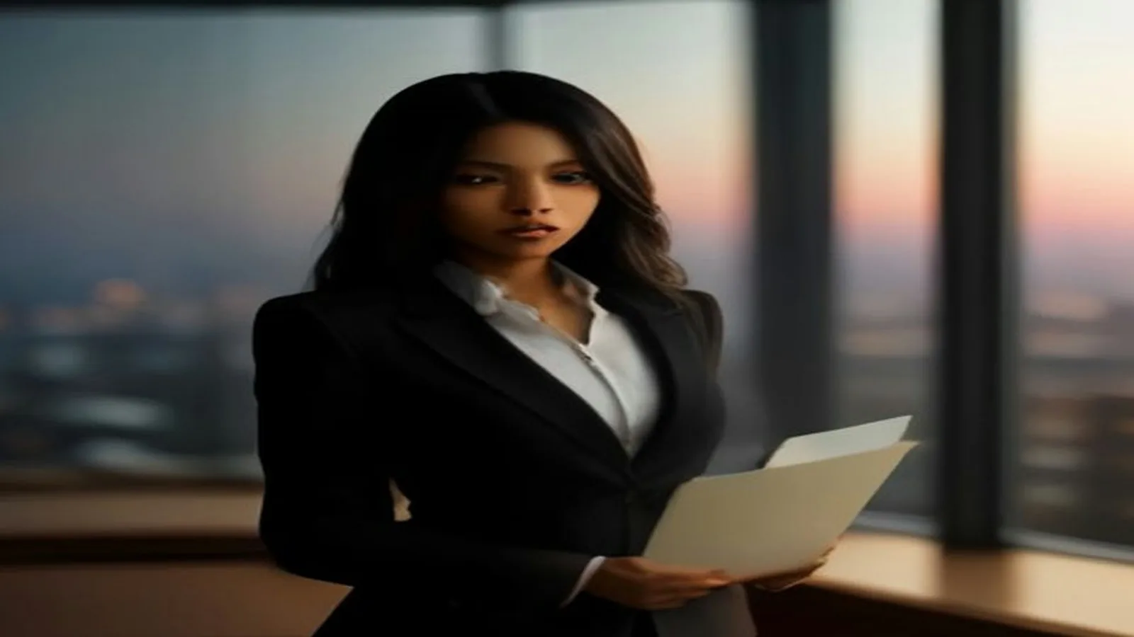 Atlanta business owner in a black suit holding her business plan by an office window with the city skyline at dusk