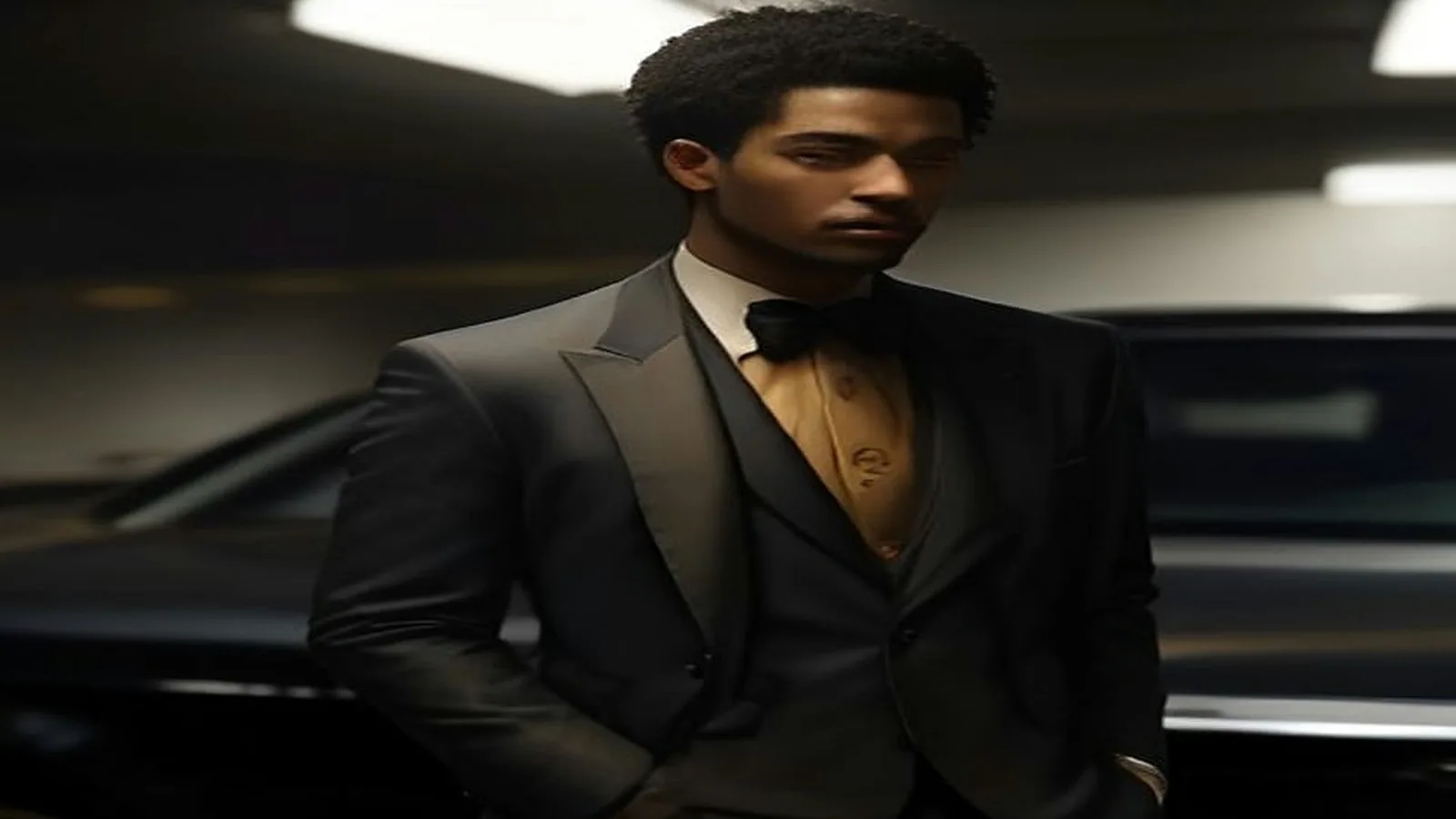 Atlanta man in a tailored charcoal suit standing beside a black sedan in a dimly lit parking garage at night