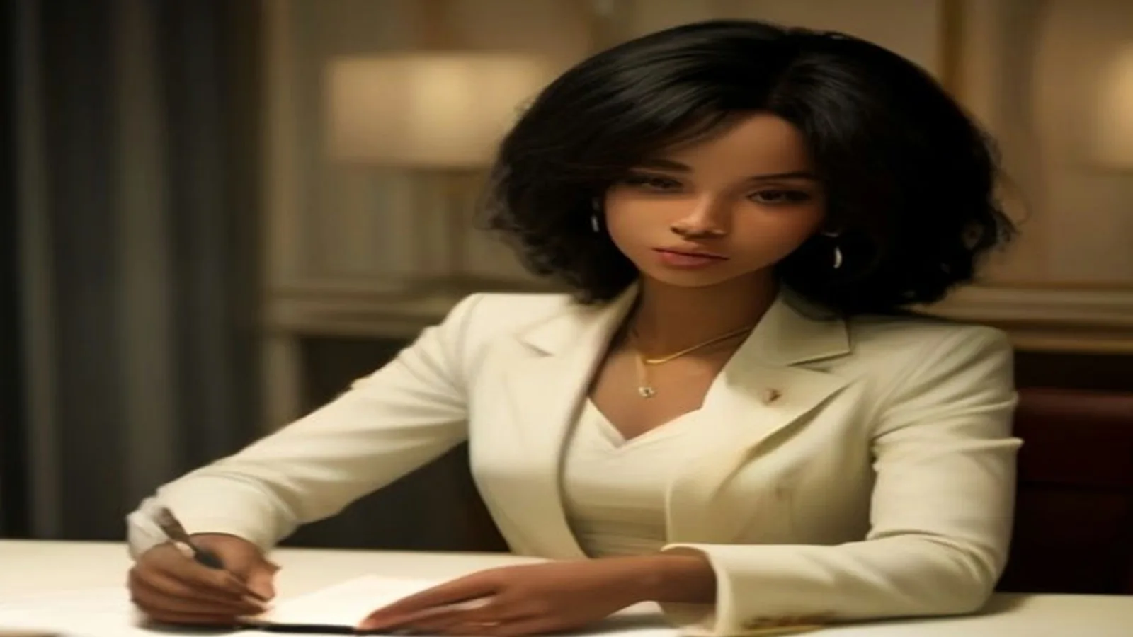 Atlanta woman in a tailored cream blazer reviewing paperwork and her laptop at a dark desk in warm evening light