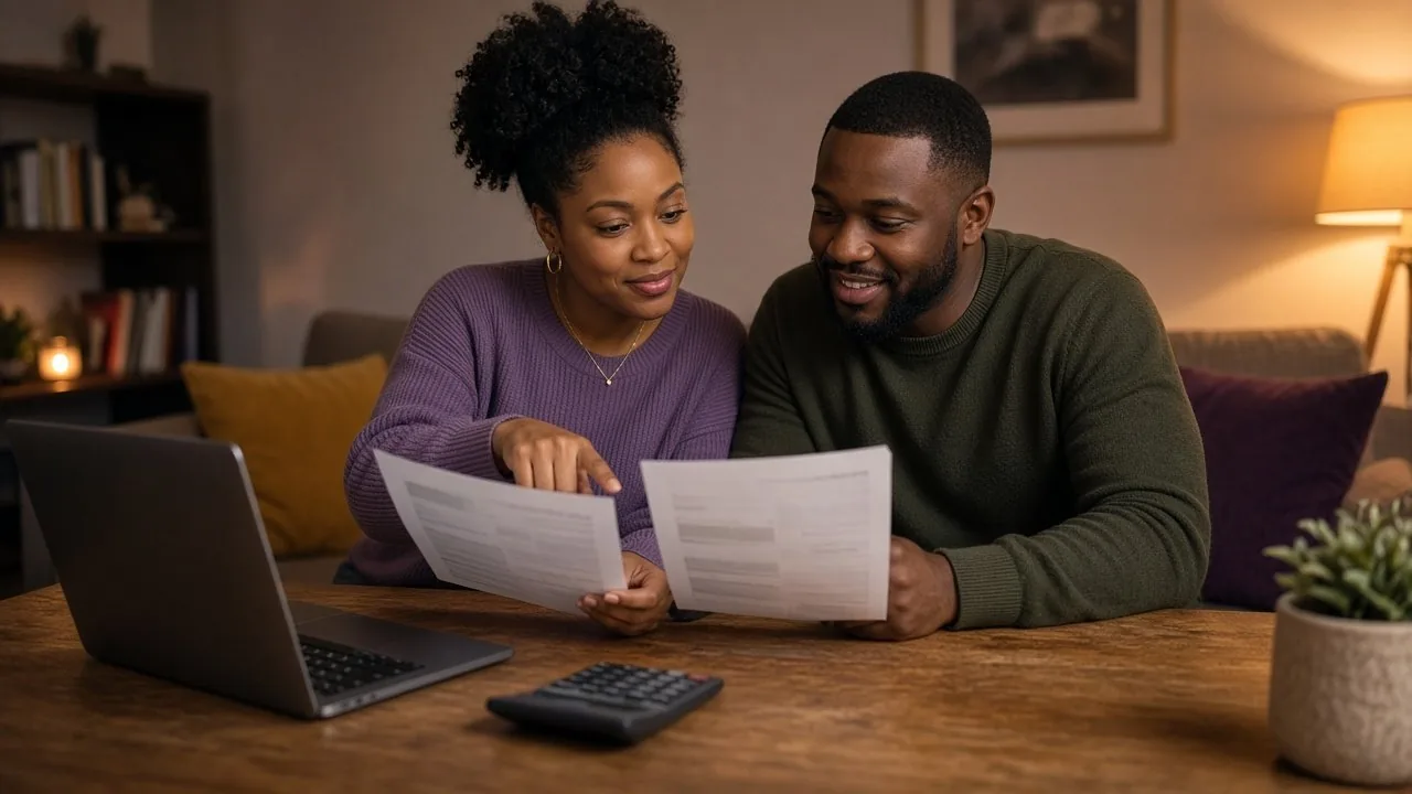Atlanta couple at a dining table comparing two mortgage loan estimates on paper and a laptop with a calculator in warm evening light