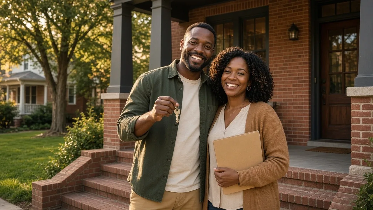 Atlanta couple smiling on the front porch of their new brick home holding house keys and a folder of documents in golden-hour light