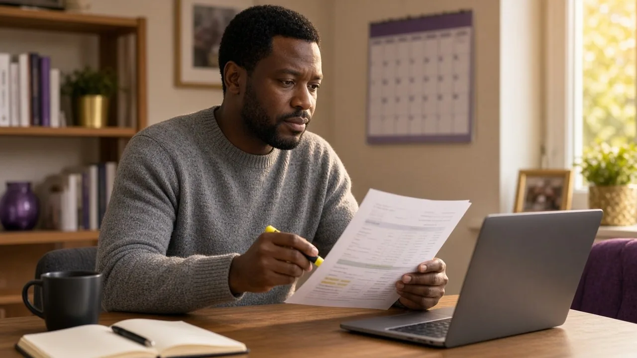 Man at a home office desk reviewing a printed credit report timeline with a highlighter beside a laptop and a wall calendar