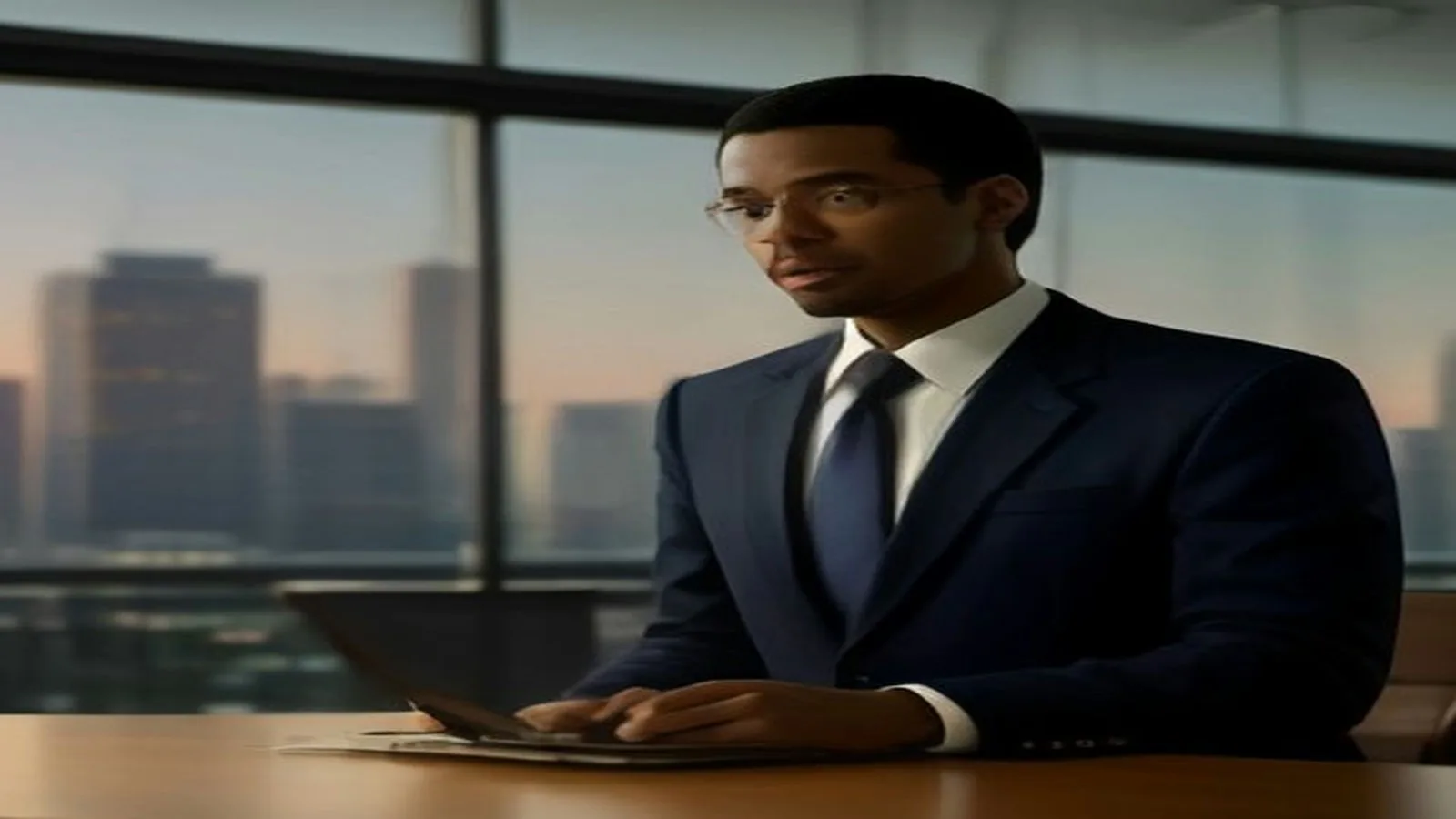 Atlanta business owner in a navy suit reviewing documents at his desk with the city skyline at dusk behind him