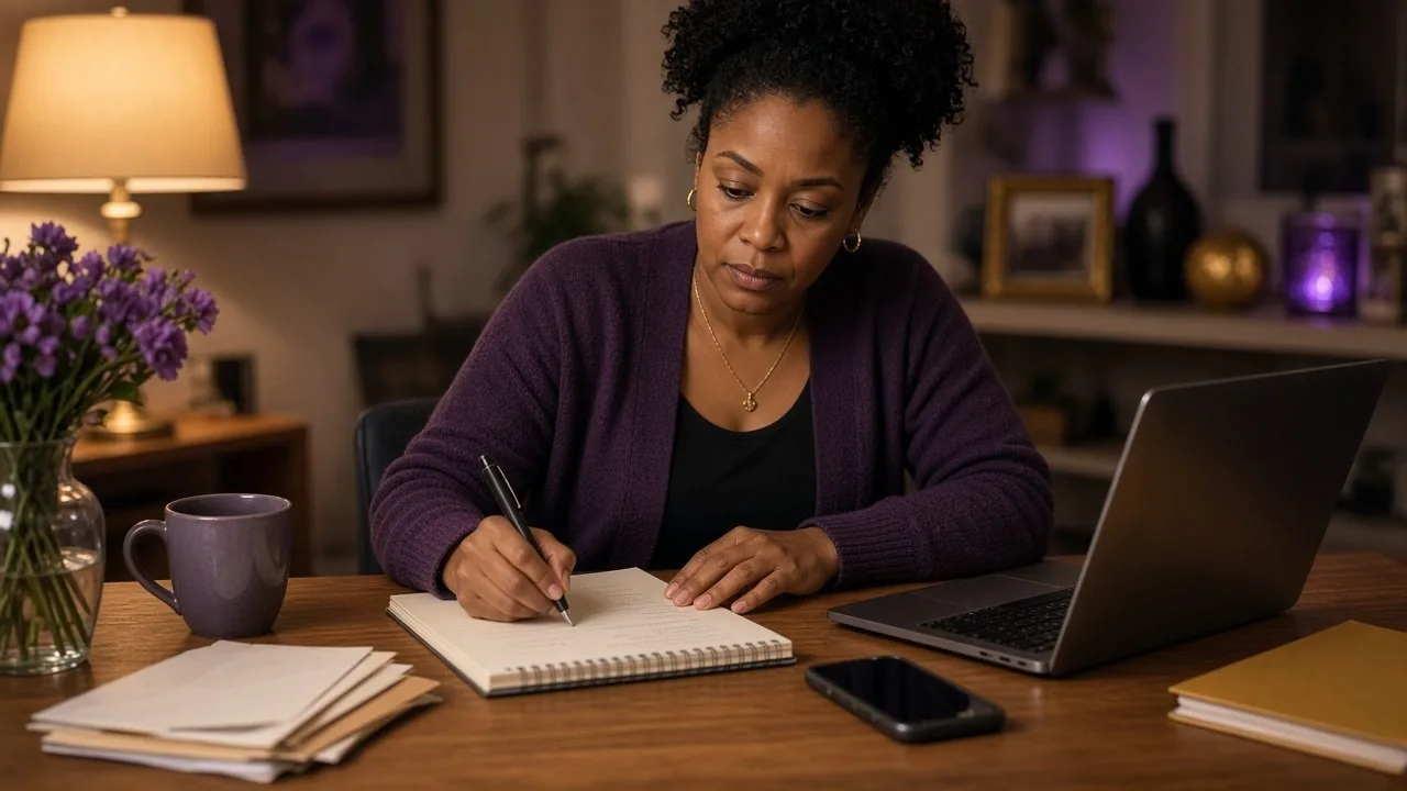 Woman at a home desk writing in a notebook beside a stack of paperwork, an open laptop and a phone as she works through identity theft recovery steps