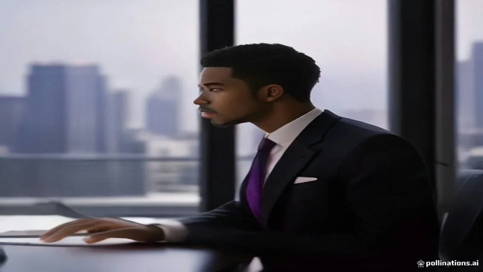 Atlanta LLC owner reviewing a business loan agreement at a luxury black and gold desk with Midtown skyline soft in the window