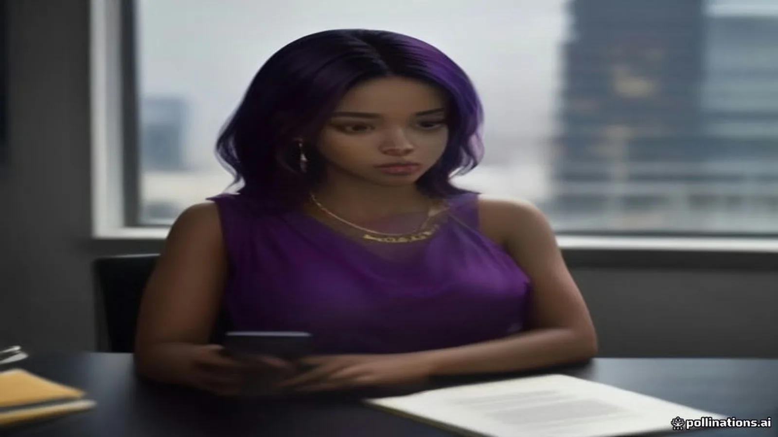 Atlanta professional reviewing credit reports at a black marble desk with gold accents and soft purple light after a financial fresh start