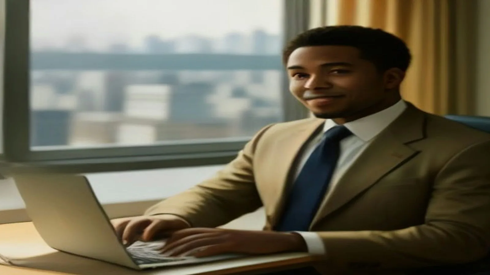 Smiling Atlanta entrepreneur in a tan suit and navy tie working on a laptop by an office window with the city skyline behind him