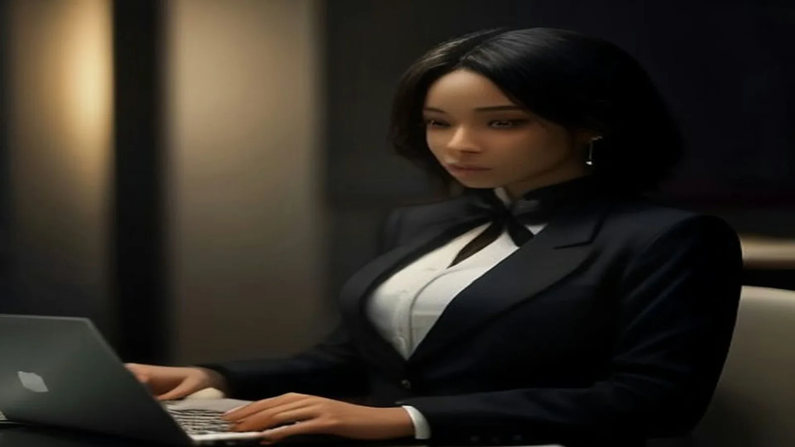 Atlanta professional woman in a tailored black blazer reviewing her finances on a laptop at a dark desk in warm evening light