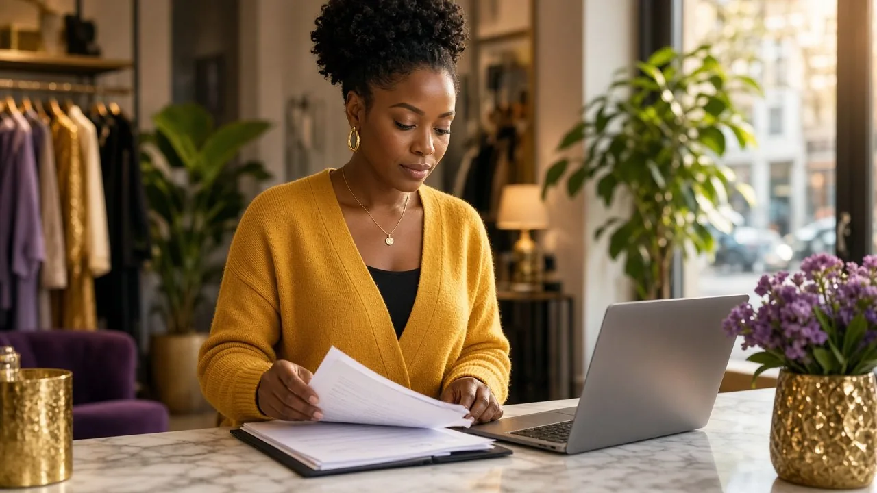 Atlanta boutique owner in a gold cardigan organizing business documents and reviewing a laptop at a counter in her clothing shop