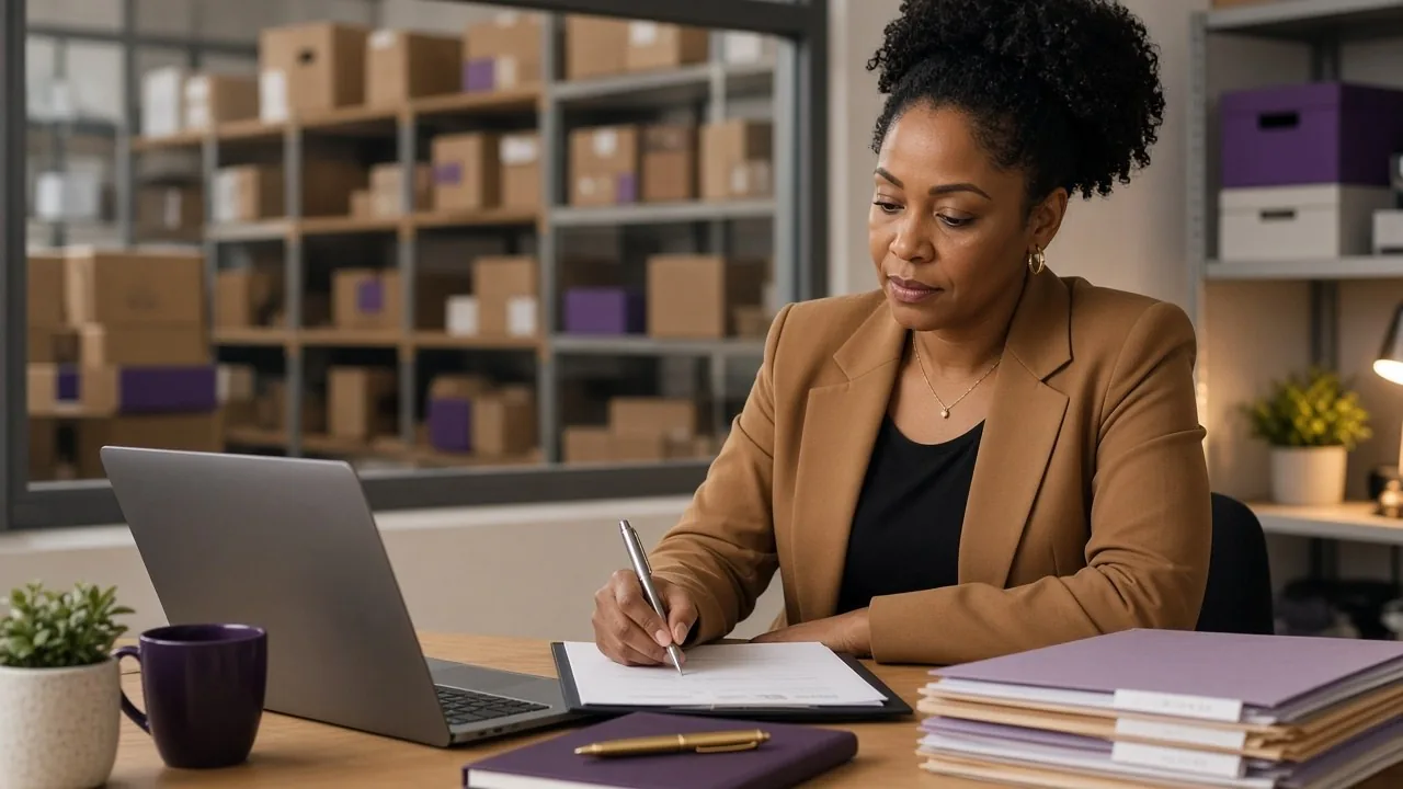 Business owner at a warehouse office desk reviewing loan documents and lien paperwork with a laptop and organized file folders