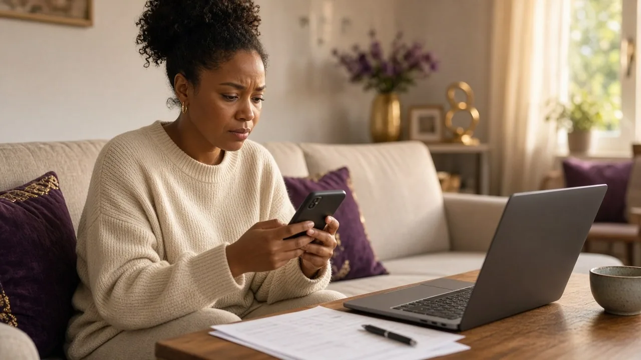 Woman on a living room sofa looking at a credit score app on her phone with a concerned expression, a laptop and printed statements on the coffee table