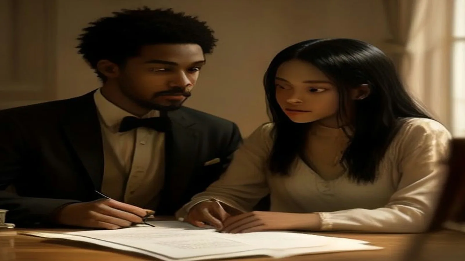 Atlanta couple reviewing estate planning documents together at a dark wood dining table in warm evening light