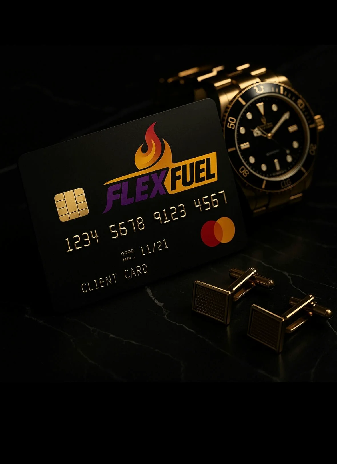 Gold bars beside a Flex Fuel card and a gold wristwatch