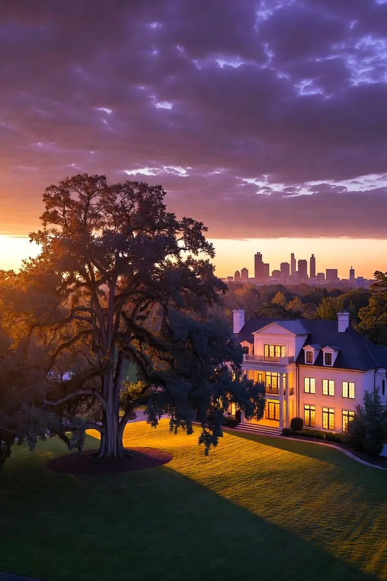 Family estate under an old oak tree at dusk