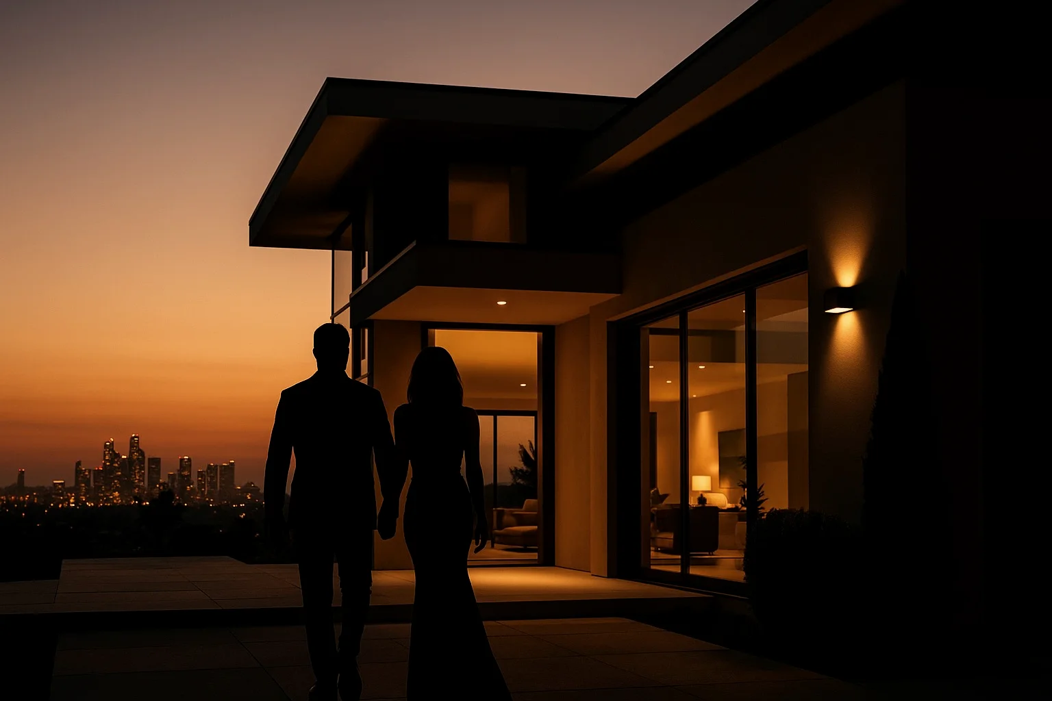 Couple walking up to a modern home at sunset